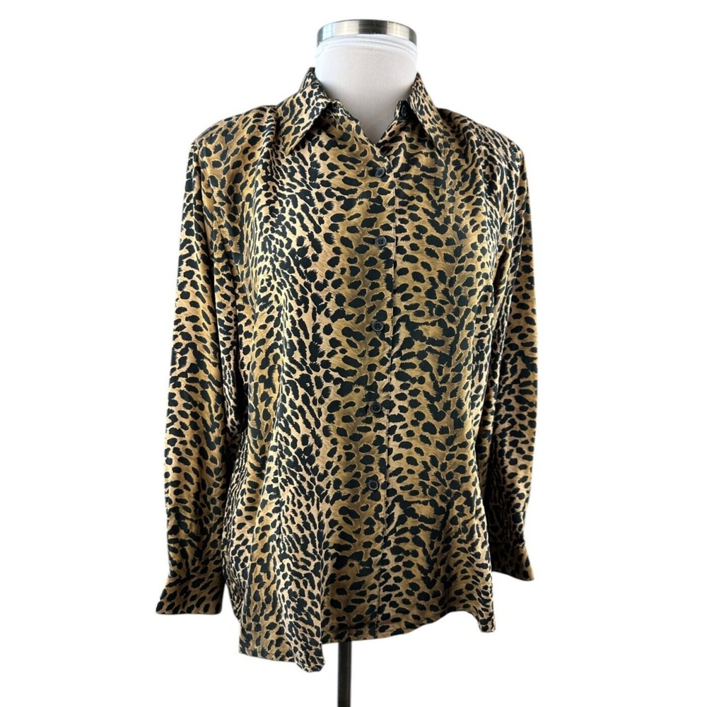 Vtg Silk Lore Beth Terrell Silk Cheetah Animal Print Button Blouse Plus Size 1X - Picture 2 of 11